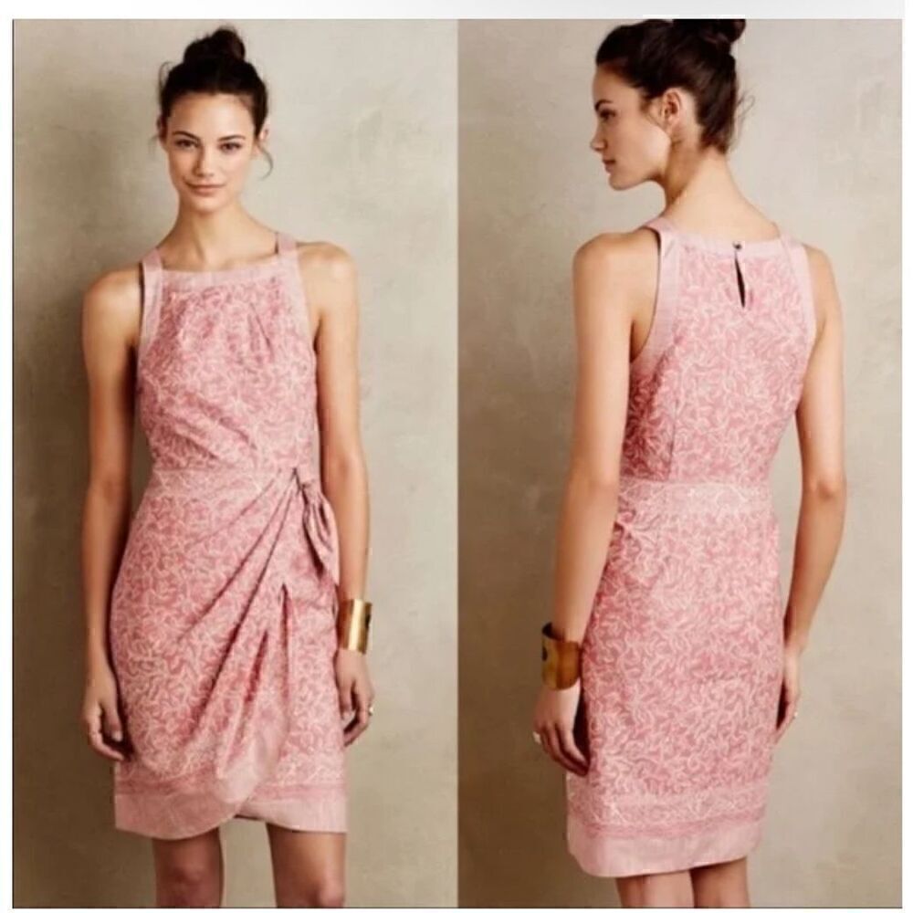 Anthropologie HD in Paris margate floral faux wrap shirt dress in pink white pri